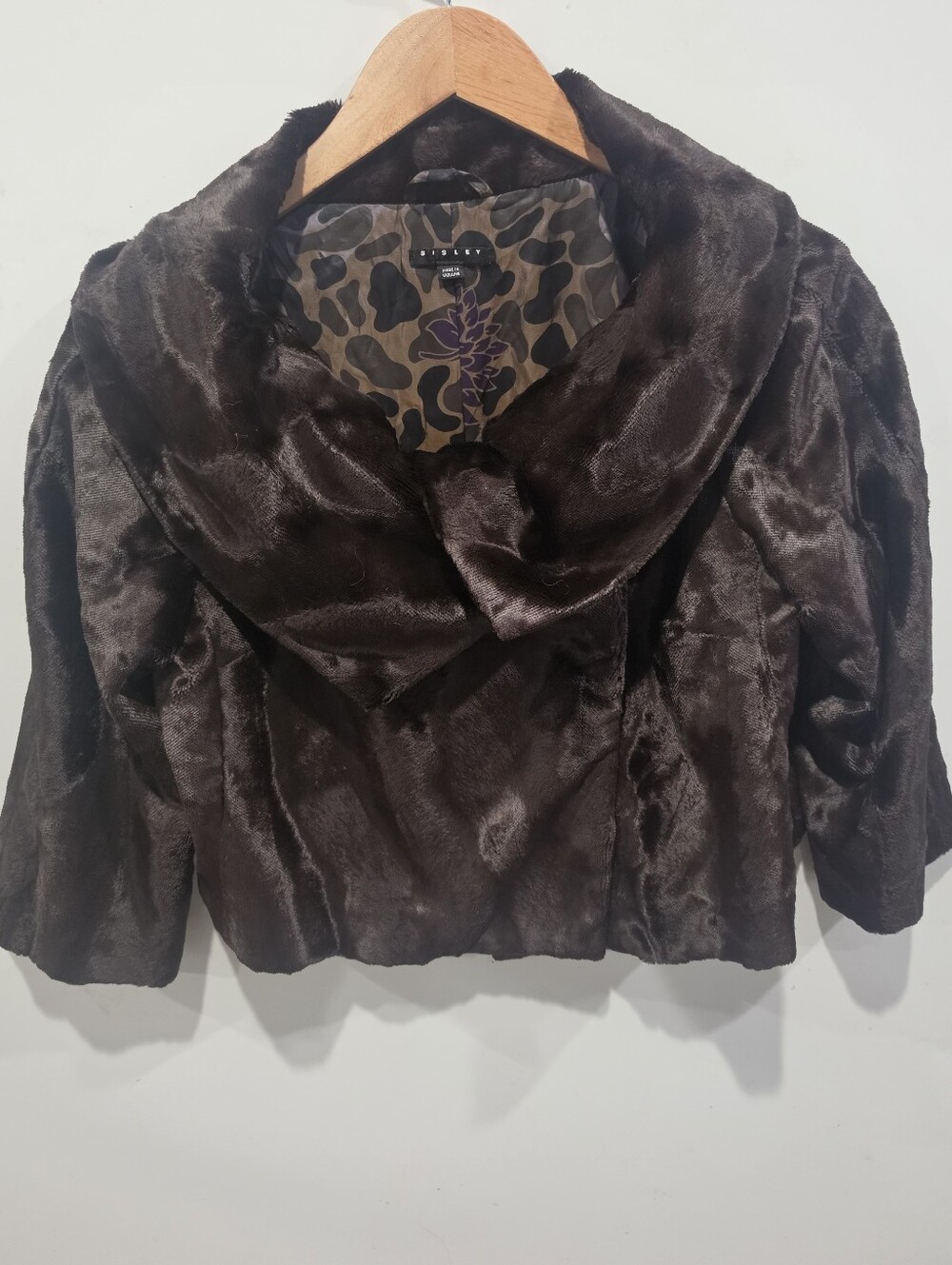 Vintage Sisley Faux Fur Jacket Brown Cropped Cowl Neck NWOT Missing Sz Tag
